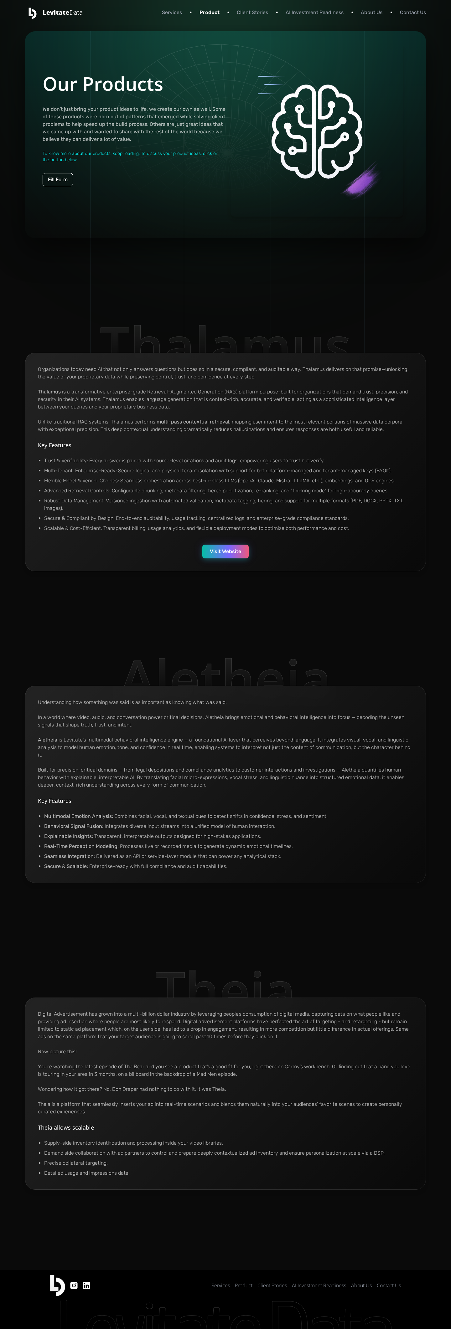 Screenshot of the Levitate Data product catalog containing Thalamus, Aletheia and Theia