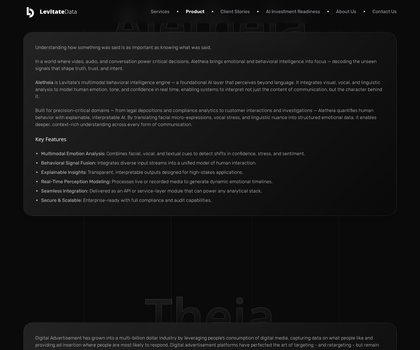 Screenshot of the Aletheia product section on Levitate Data
