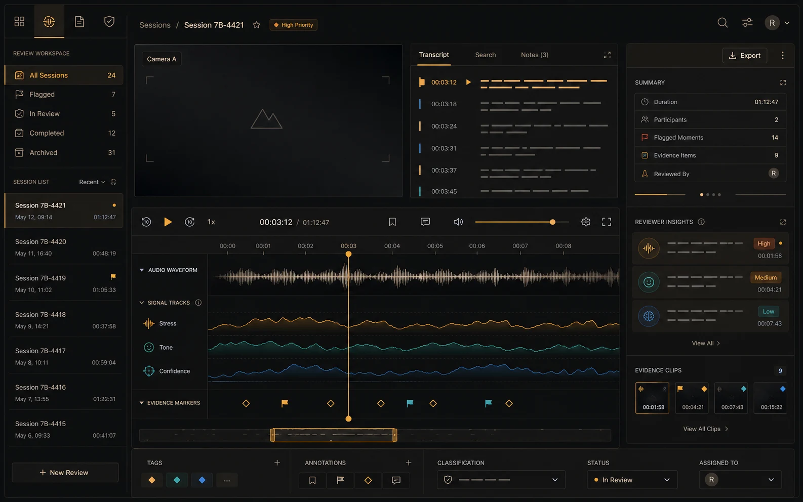Stylized Aletheia interface showing call review, transcript, waveform, and signal tracks