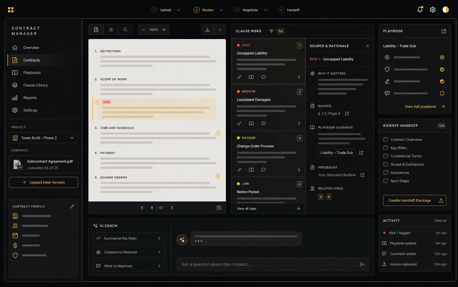 Stylized First Rule Contract Manager interface showing contract risk review and playbook guidance