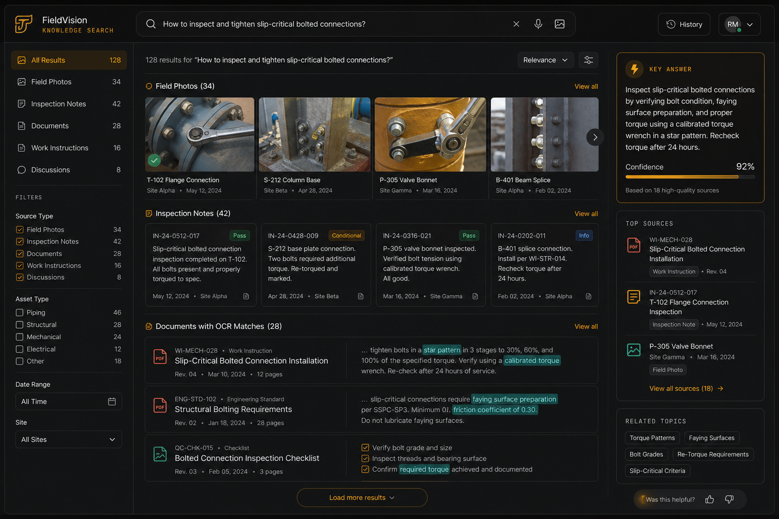 Multimodal field search system finding inspection photos, notes, and document evidence.
