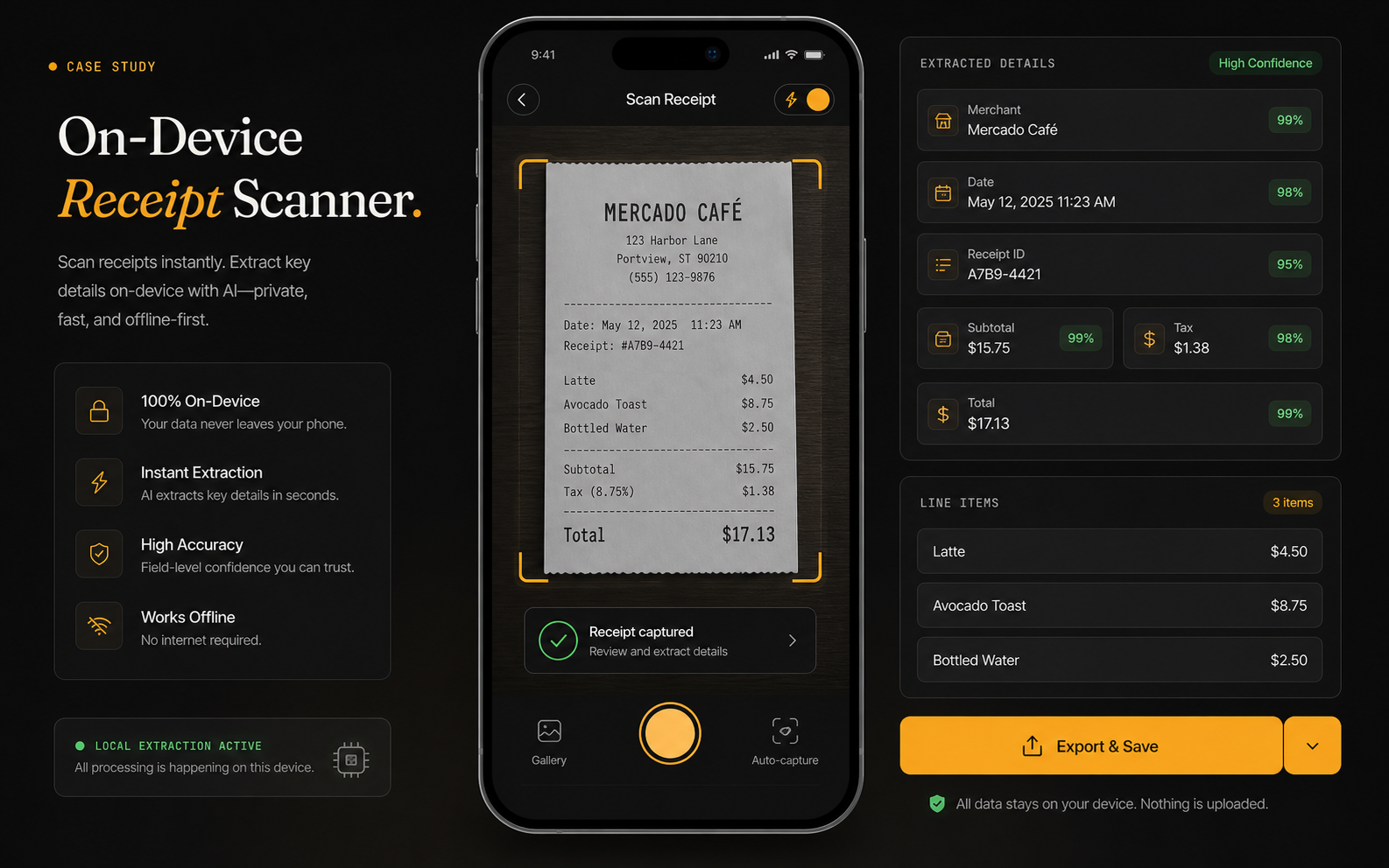 Core ML receipt scanner extracting structured expense data directly on-device.