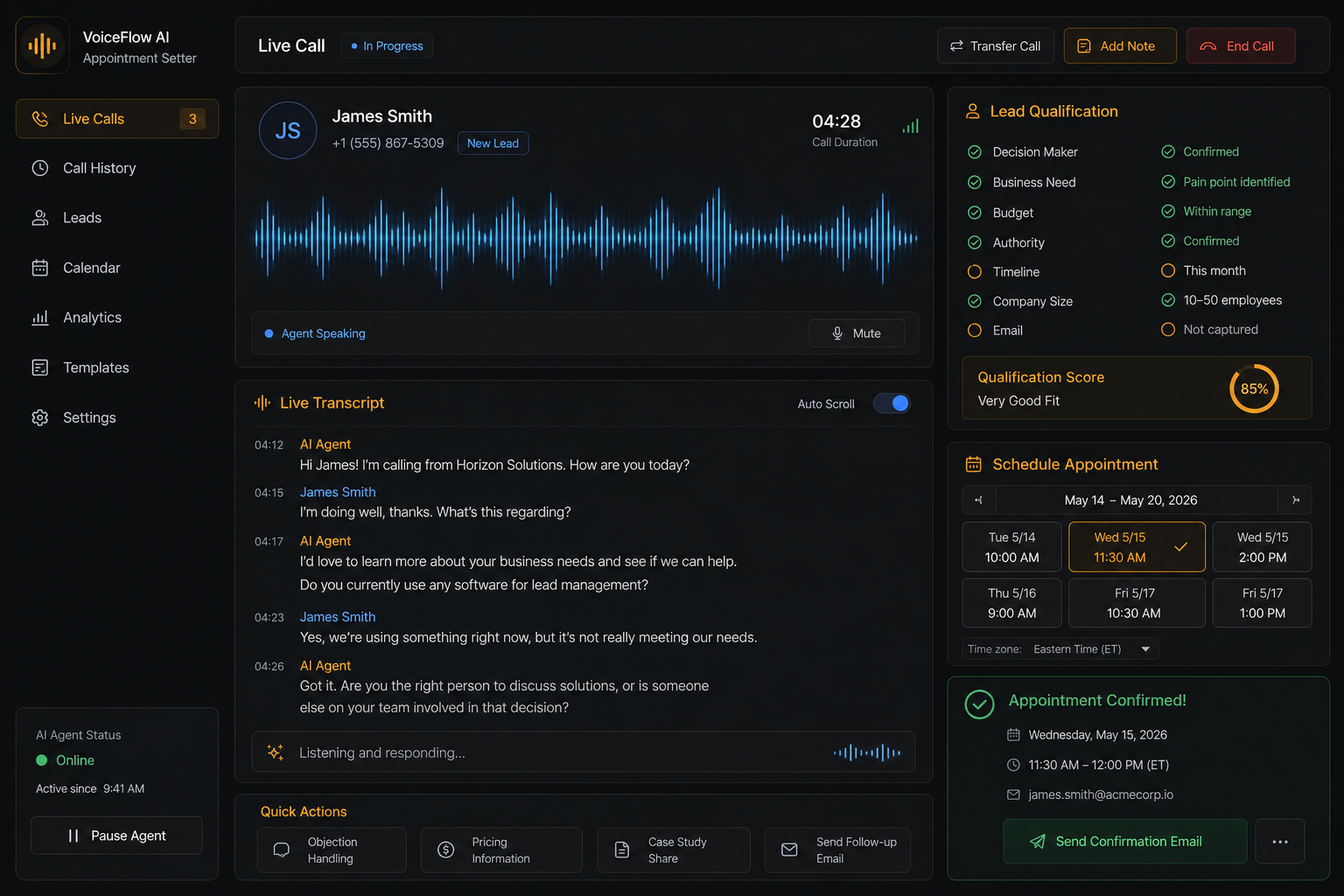 Voice AI appointment setter qualifying a caller and booking a meeting.