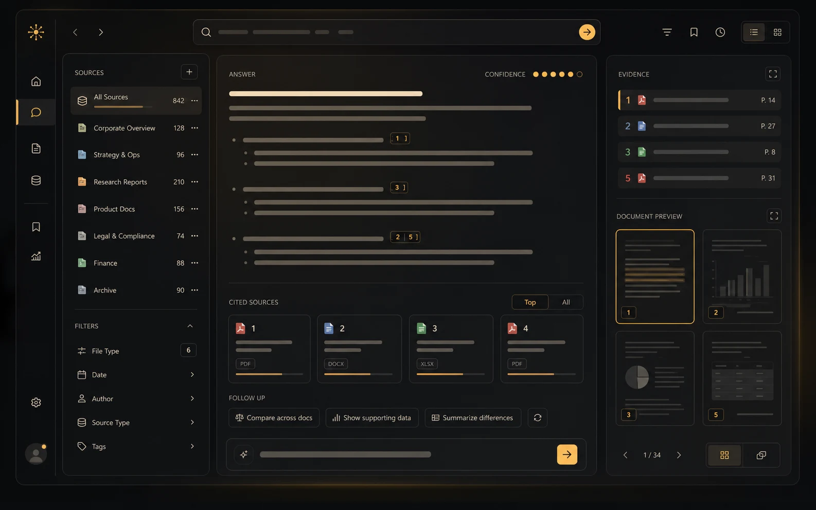 Stylized Thalamus interface showing document search, cited sources, and answer confidence